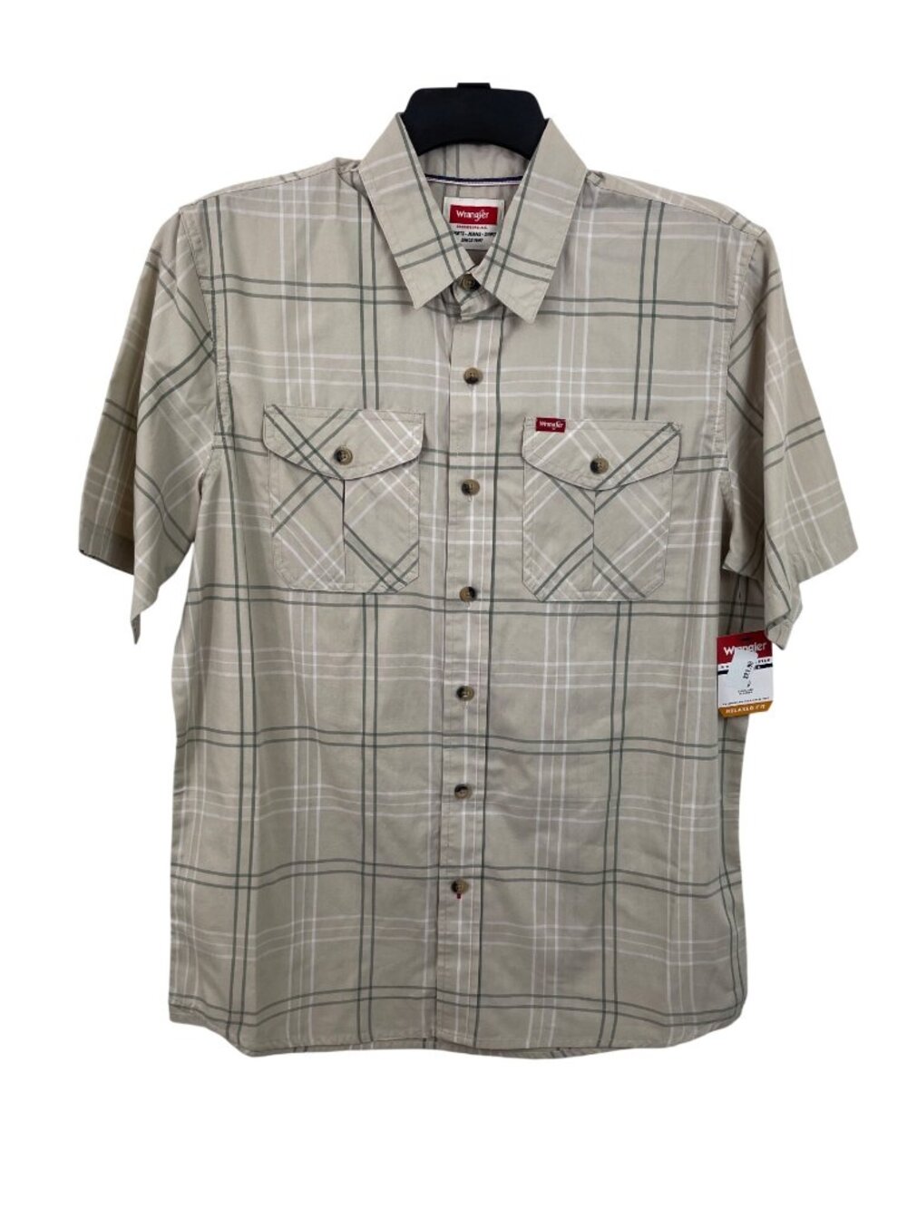 Wrangler Mens Beige Plaid Short Sleeve Button-Up Shirt Chest Pockets Size M